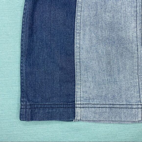 FREE PEOPLE Modern Femme Skirt Colorblock Mini Denim Jean Two Tone Block Size 4 - Picture 7 of 11